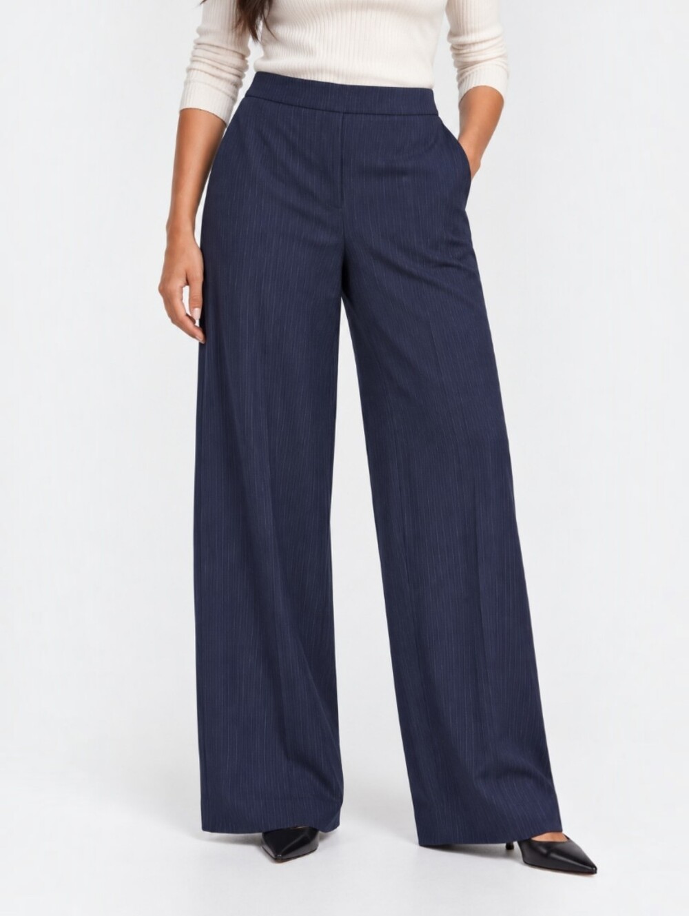 COS Wool Blend Pinstripe Wide Leg Trousers Navy Pull On Elastic Back Waist 6